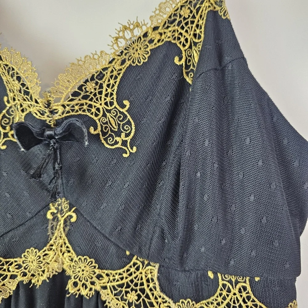 Soma Black Gold Long Nightgown Embroidered Front Slit Sleepwear Medium Romantic